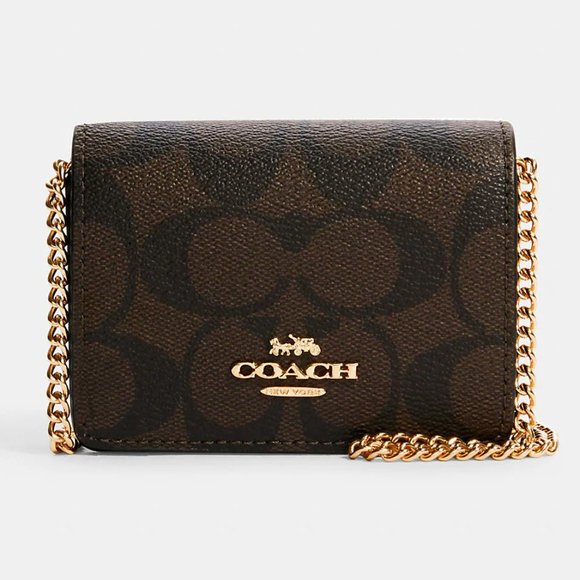 NWT Coach Mini Wallet On A Chain In Signature Canvas Brown Black 6650